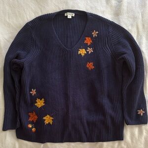 Coldwater Creek Navy Sweater with Autumn Leaf Embroidery